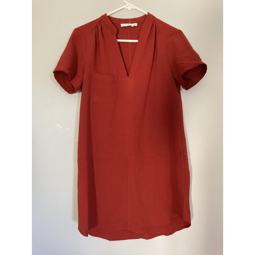 Lush Dress Womens Small Rust Red Short Sleeve V Neck Tunic Pocket Shift Mini EUC